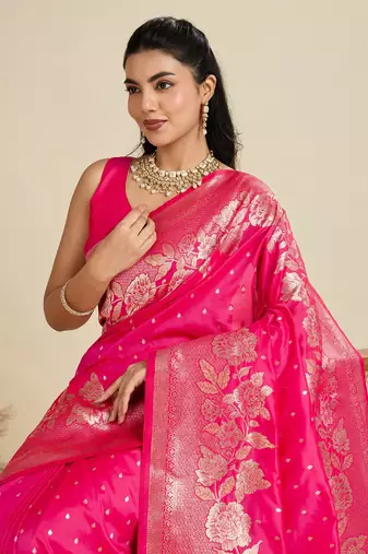 Zari Woven Butti Banarasi Silk Saree with Big Flower Border and Detail Work