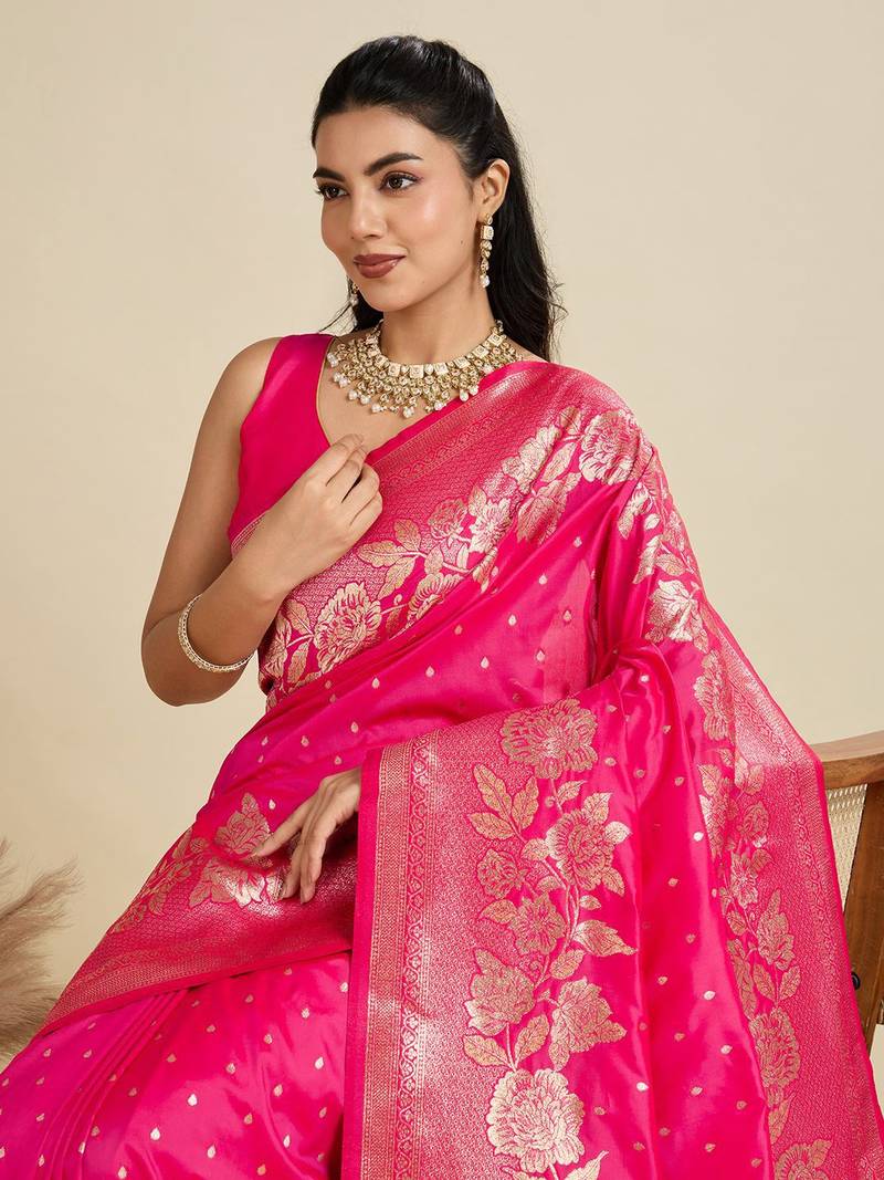 Zari Woven Butti Banarasi Silk Saree with Big Flower Border and Detail Work
