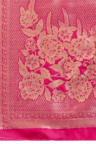 Zari Woven Butti Banarasi Silk Saree with Big Flower Border and Detail Work