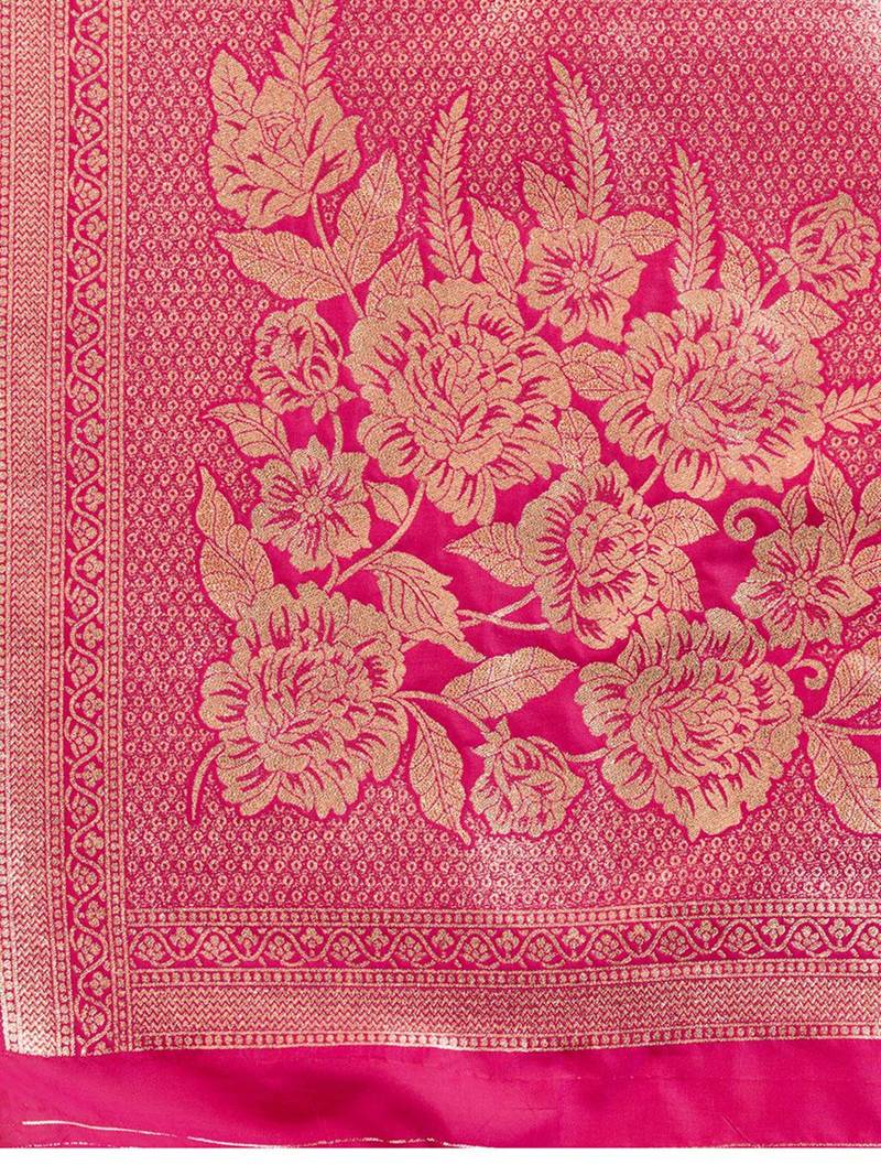 Zari Woven Butti Banarasi Silk Saree with Big Flower Border and Detail Work