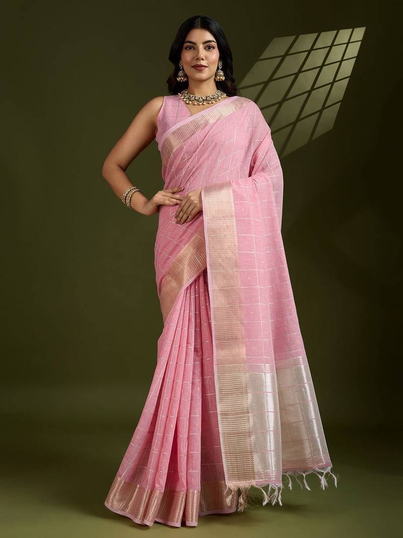 All Over Checks Zari Woven Soft Silk Saree with Zari Details