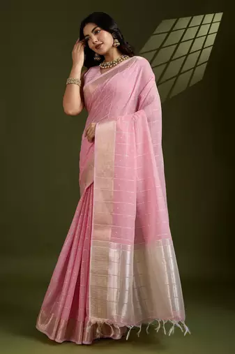 All Over Checks Zari Woven Soft Silk Saree with Zari Details