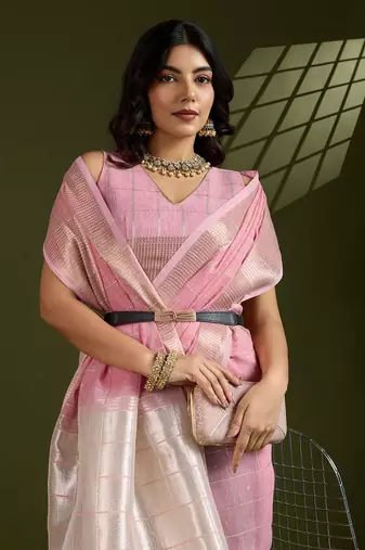 All Over Checks Zari Woven Soft Silk Saree with Zari Details