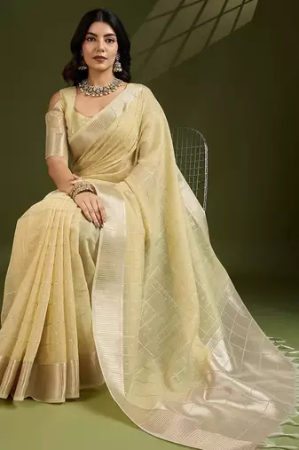 All Over Checks Zari Woven Soft Silk Saree with Zari Details
