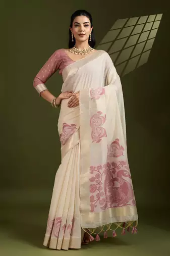 Self Checks Muga Cotton Saree with Kalamkari Border and Zari Woven Detail