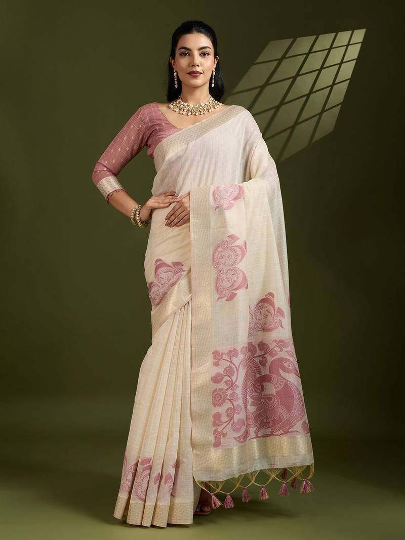 Self Checks Muga Cotton Saree with Kalamkari Border and Zari Woven Detail