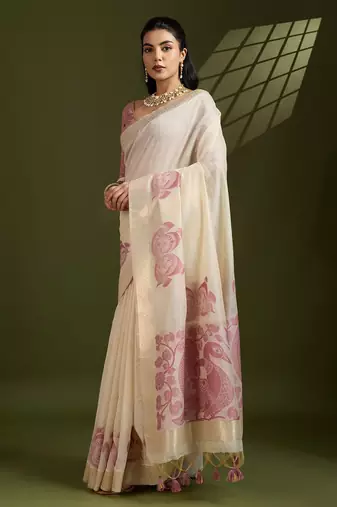 Self Checks Muga Cotton Saree with Kalamkari Border and Zari Woven Detail