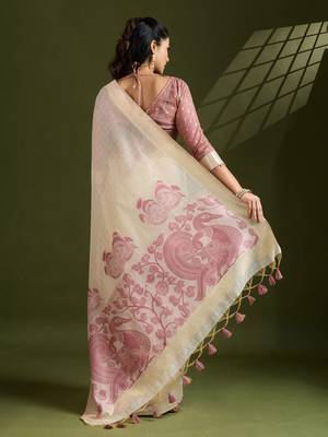Self Checks Muga Cotton Saree with Kalamkari Border and Zari Woven Detail 3