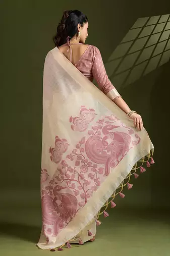Self Checks Muga Cotton Saree with Kalamkari Border and Zari Woven Detail
