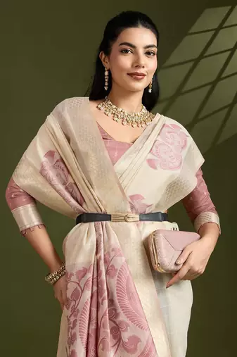 Self Checks Muga Cotton Saree with Kalamkari Border and Zari Woven Detail