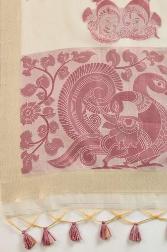 Self Checks Muga Cotton Saree with Kalamkari Border and Zari Woven Detail