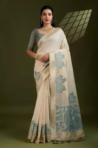 Self Checks Muga Cotton Saree with Kalamkari Border and Zari Woven Detail