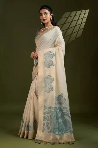 Self Checks Muga Cotton Saree with Kalamkari Border and Zari Woven Detail