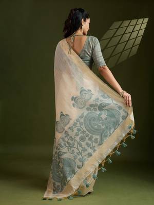 Self Checks Muga Cotton Saree with Kalamkari Border and Zari Woven Detail 3