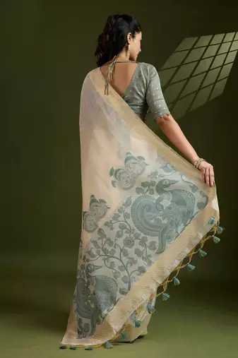 Self Checks Muga Cotton Saree with Kalamkari Border and Zari Woven Detail
