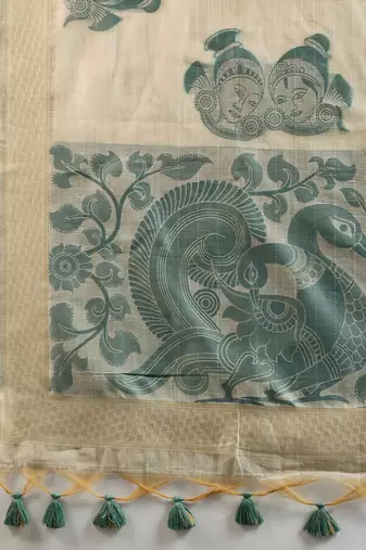 Self Checks Muga Cotton Saree with Kalamkari Border and Zari Woven Detail