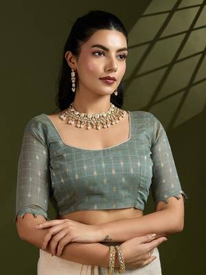 Self Checks Muga Cotton Saree with Kalamkari Border and Zari Woven Detail 7