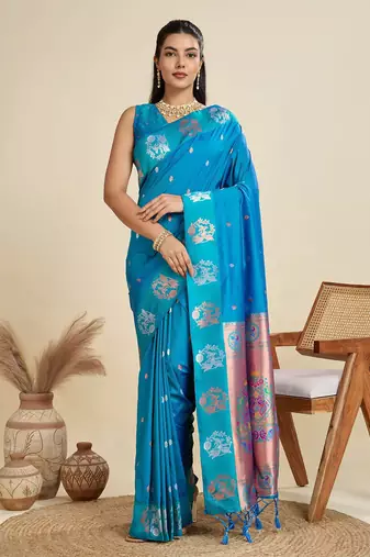 Copper Silver Zari Woven Butti Banarasi Silk Saree with Paithani Border