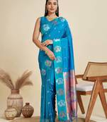 Copper Silver Zari Woven Butti Banarasi Silk Saree with Paithani Border