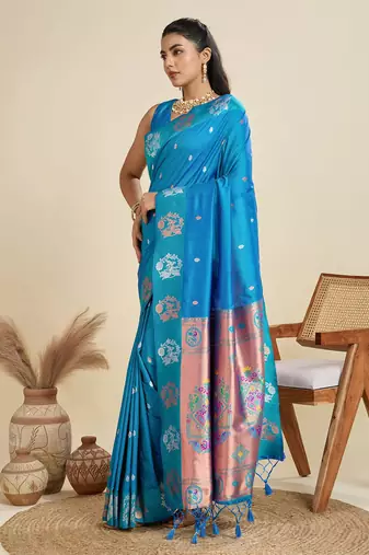 Copper Silver Zari Woven Butti Banarasi Silk Saree with Paithani Border
