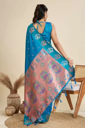 Copper Silver Zari Woven Butti Banarasi Silk Saree with Paithani Border