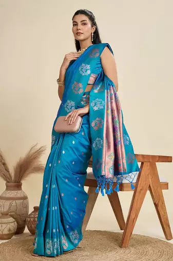 Copper Silver Zari Woven Butti Banarasi Silk Saree with Paithani Border