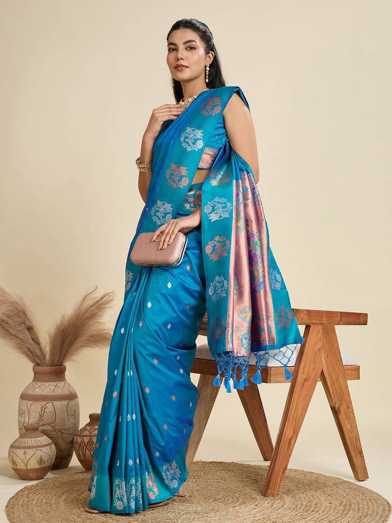 Copper Silver Zari Woven Butti Banarasi Silk Saree with Paithani Border