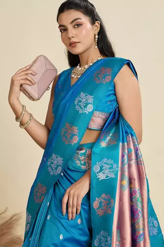 Copper Silver Zari Woven Butti Banarasi Silk Saree with Paithani Border