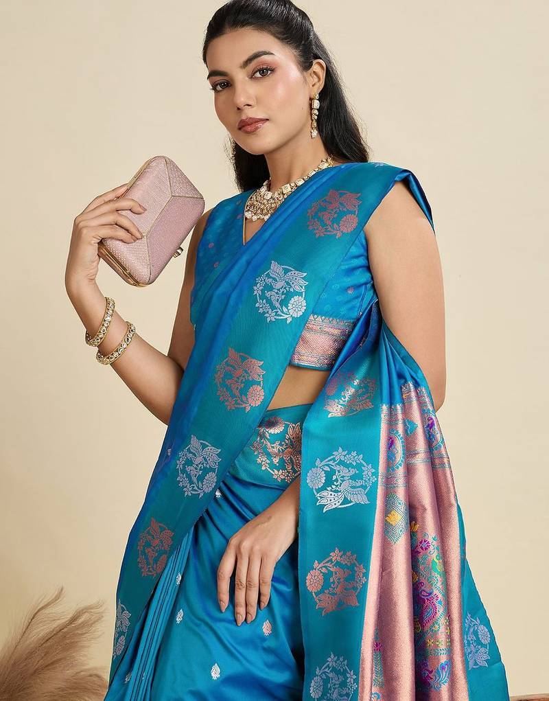 Copper Silver Zari Woven Butti Banarasi Silk Saree with Paithani Border