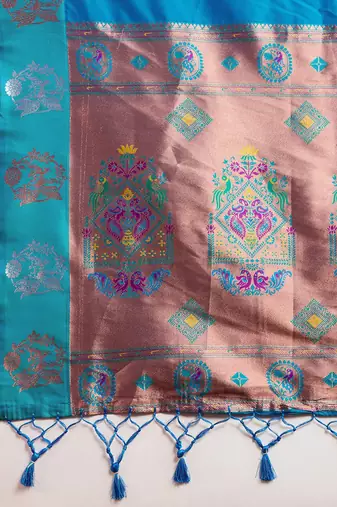 Copper Silver Zari Woven Butti Banarasi Silk Saree with Paithani Border