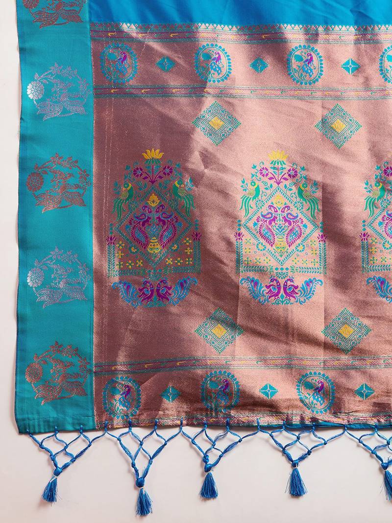 Copper Silver Zari Woven Butti Banarasi Silk Saree with Paithani Border