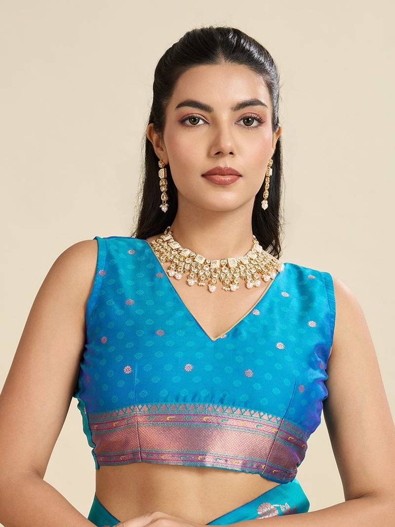Copper Silver Zari Woven Butti Banarasi Silk Saree with Paithani Border