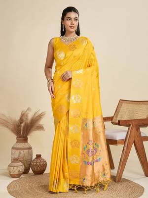 Copper Silver Zari Woven Butti Banarasi Silk Saree with Paithani Border 1