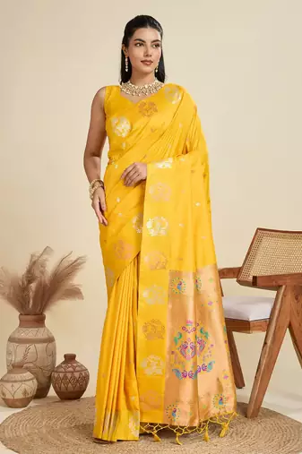 Copper Silver Zari Woven Butti Banarasi Silk Saree with Paithani Border