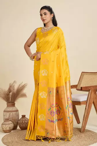 Copper Silver Zari Woven Butti Banarasi Silk Saree with Paithani Border