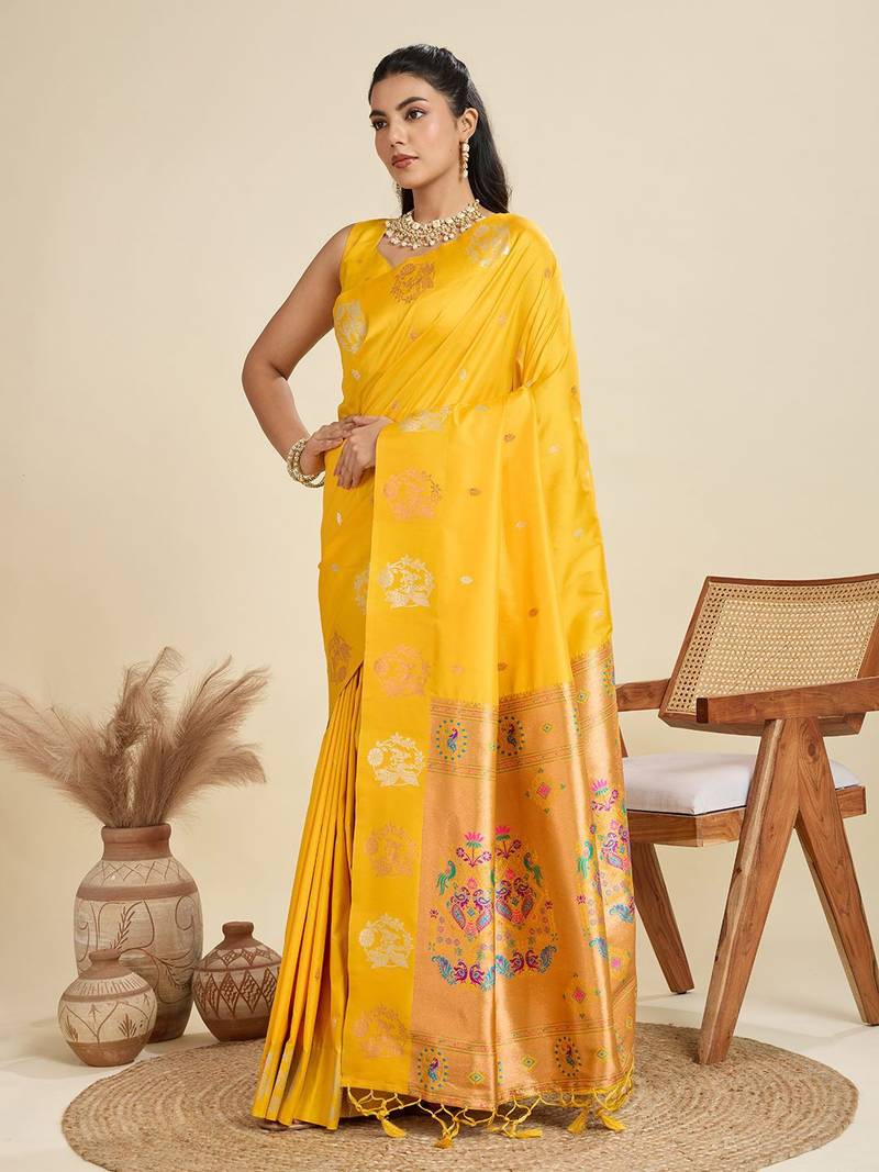 Copper Silver Zari Woven Butti Banarasi Silk Saree with Paithani Border