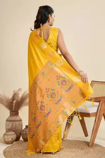 Copper Silver Zari Woven Butti Banarasi Silk Saree with Paithani Border
