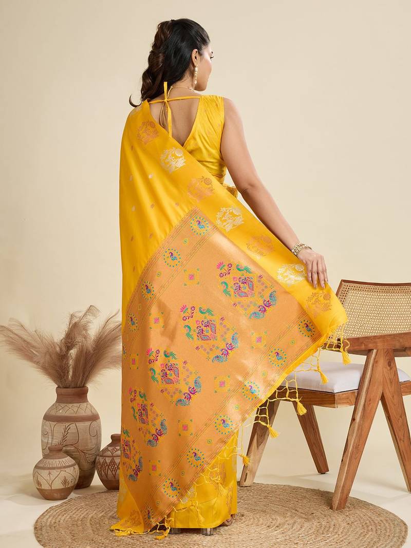 Copper Silver Zari Woven Butti Banarasi Silk Saree with Paithani Border