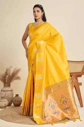 Copper Silver Zari Woven Butti Banarasi Silk Saree with Paithani Border