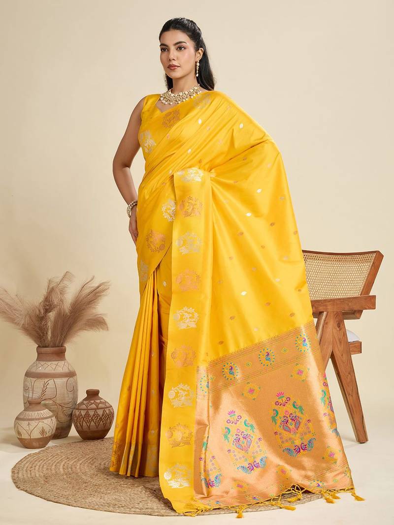 Copper Silver Zari Woven Butti Banarasi Silk Saree with Paithani Border