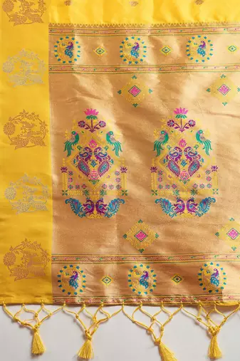 Copper Silver Zari Woven Butti Banarasi Silk Saree with Paithani Border