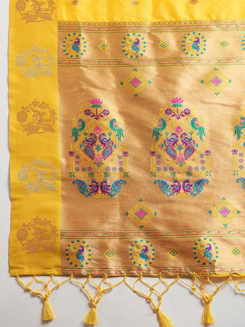 Copper Silver Zari Woven Butti Banarasi Silk Saree with Paithani Border