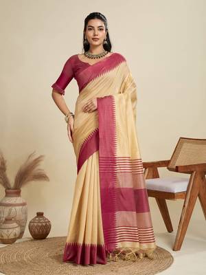 Solid Contrast Temple Border Raw Silk Saree with Striped Zari Woven Detail 1