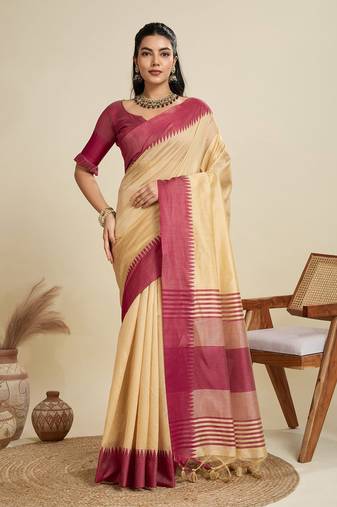 Solid Contrast Temple Border Raw Silk Saree with Striped Zari Woven Detail