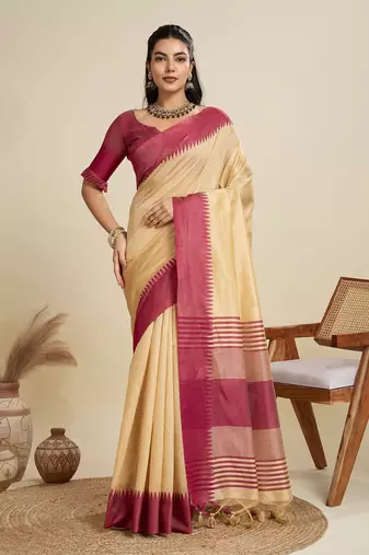 Solid Contrast Temple Border Raw Silk Saree with Striped Zari Woven Detail