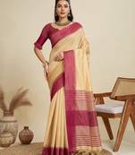 Solid Contrast Temple Border Raw Silk Saree with Striped Zari Woven Detail
