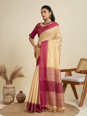 Solid Contrast Temple Border Raw Silk Saree with Striped Zari Woven Detail 2