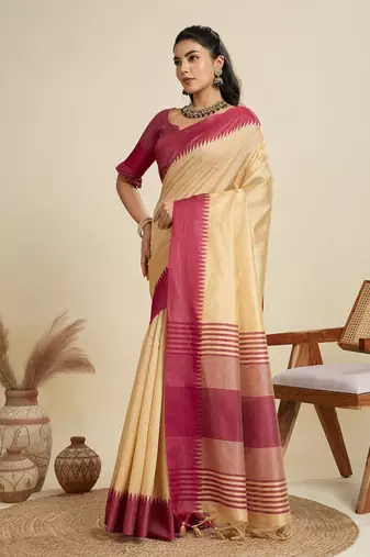 Solid Contrast Temple Border Raw Silk Saree with Striped Zari Woven Detail