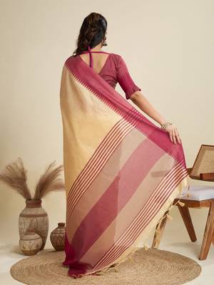 Solid Contrast Temple Border Raw Silk Saree with Striped Zari Woven Detail 3