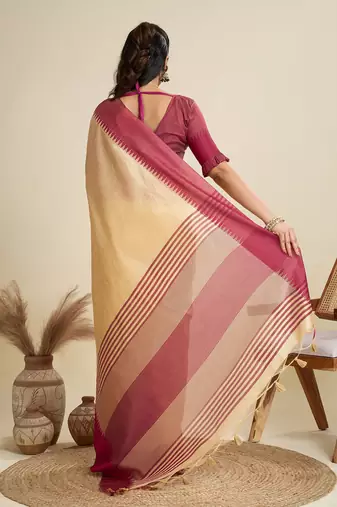 Solid Contrast Temple Border Raw Silk Saree with Striped Zari Woven Detail